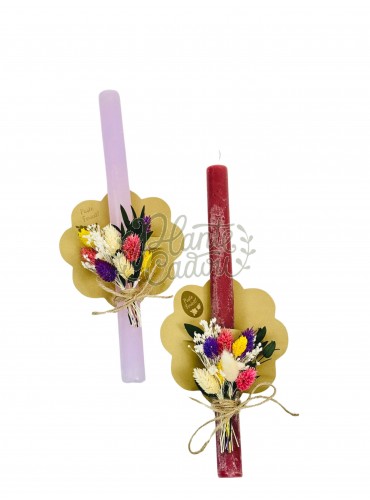 Set 2 lumânări de Paște decorate cu flori prezervate 