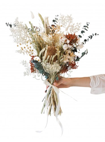 Buchet mireasă cu flori prezevate Protea 